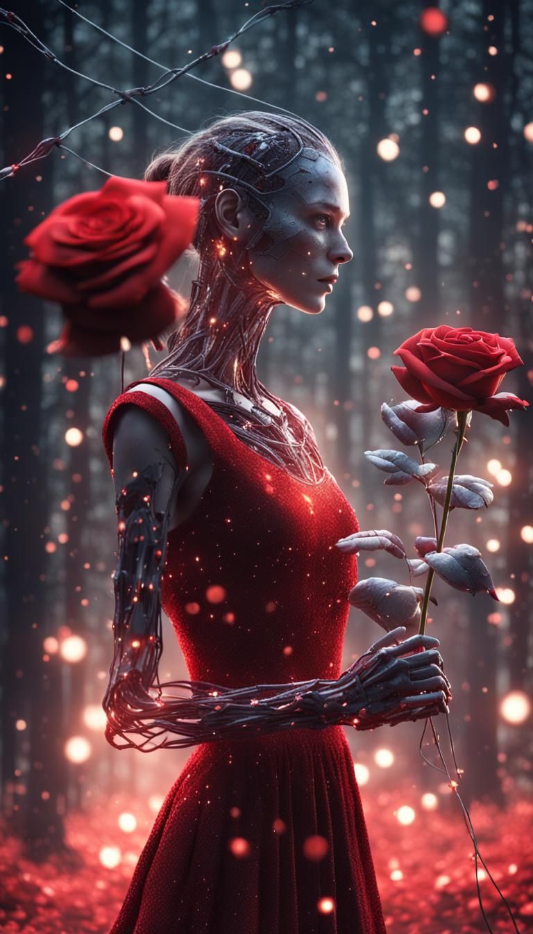 Android with Rose in Dark Forest, Photorealistic 3D