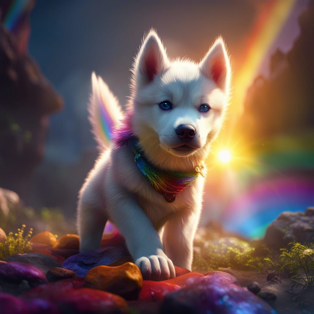 Husky Puppy in Rainbow Sunlight: Fantasy Art