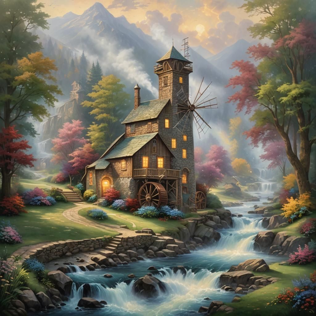 Ethereal Water Mill in a Thomas Kinkade Style