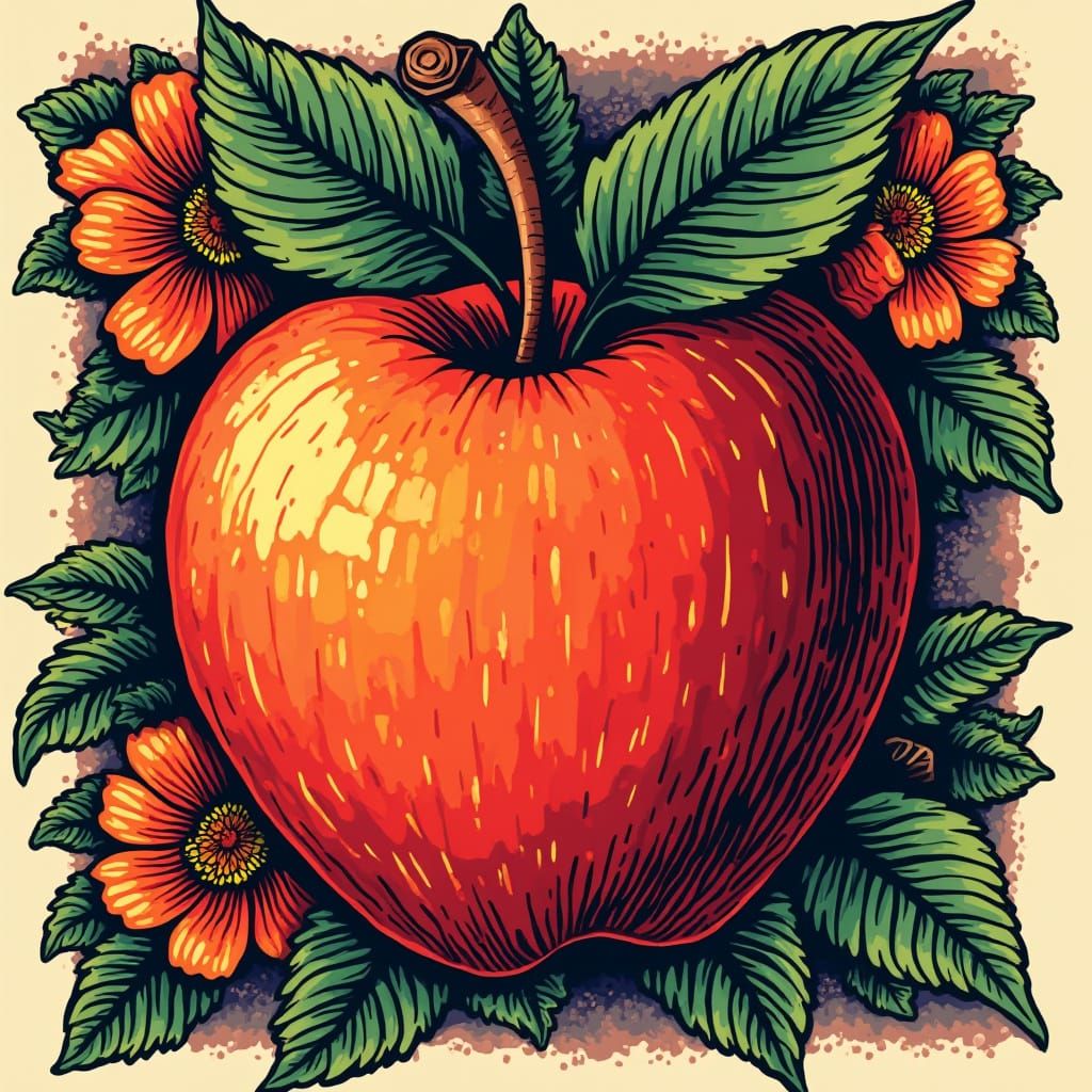 Woodcut-Inspired Apple in Sailor Jerry Folk Art Style