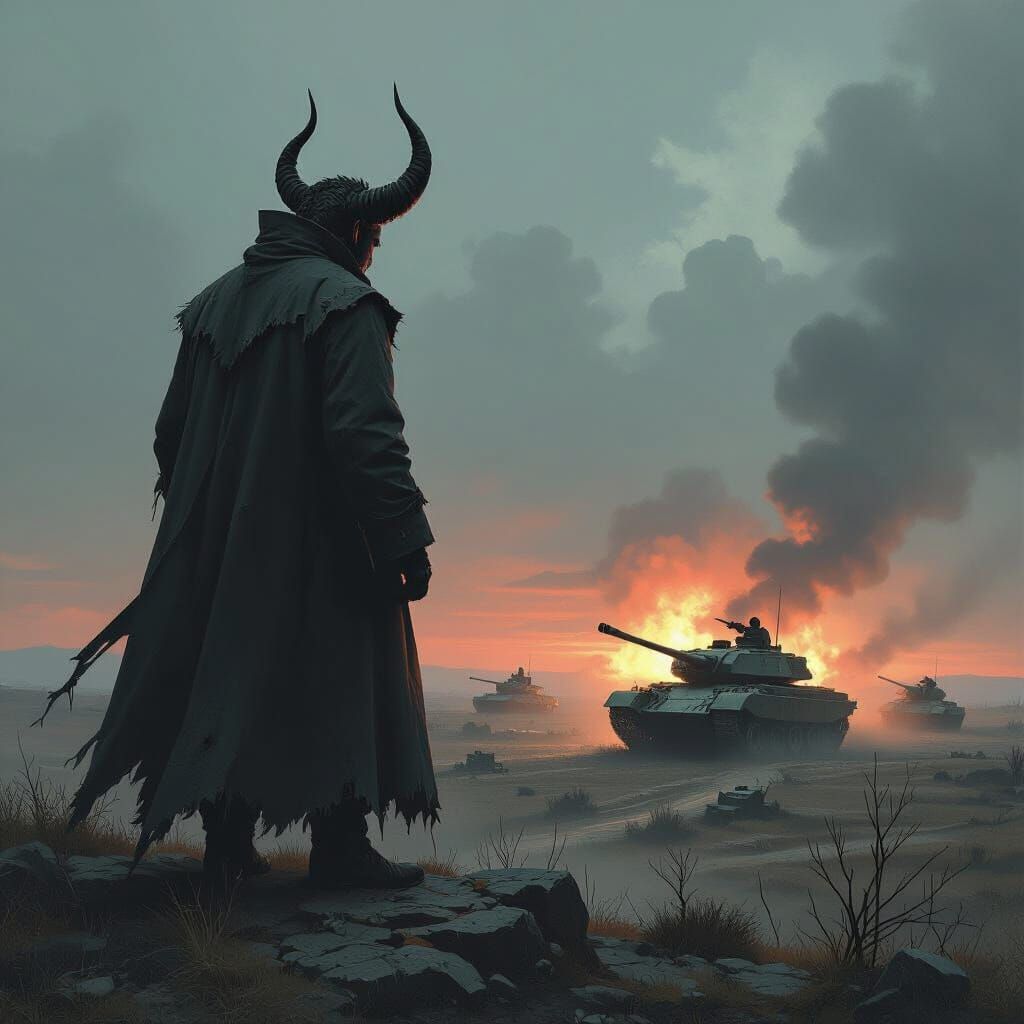 Devil Oversees Tank Battle in Dystopian Landscape