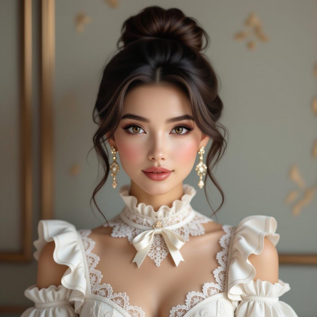 A beautiful woman styled with a low bun and ruffled lace dre...