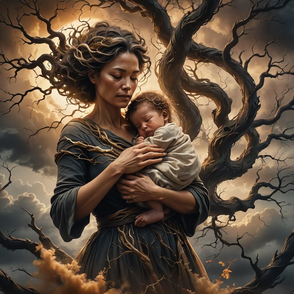 Loving Mother and Child in Fantasy Landscape