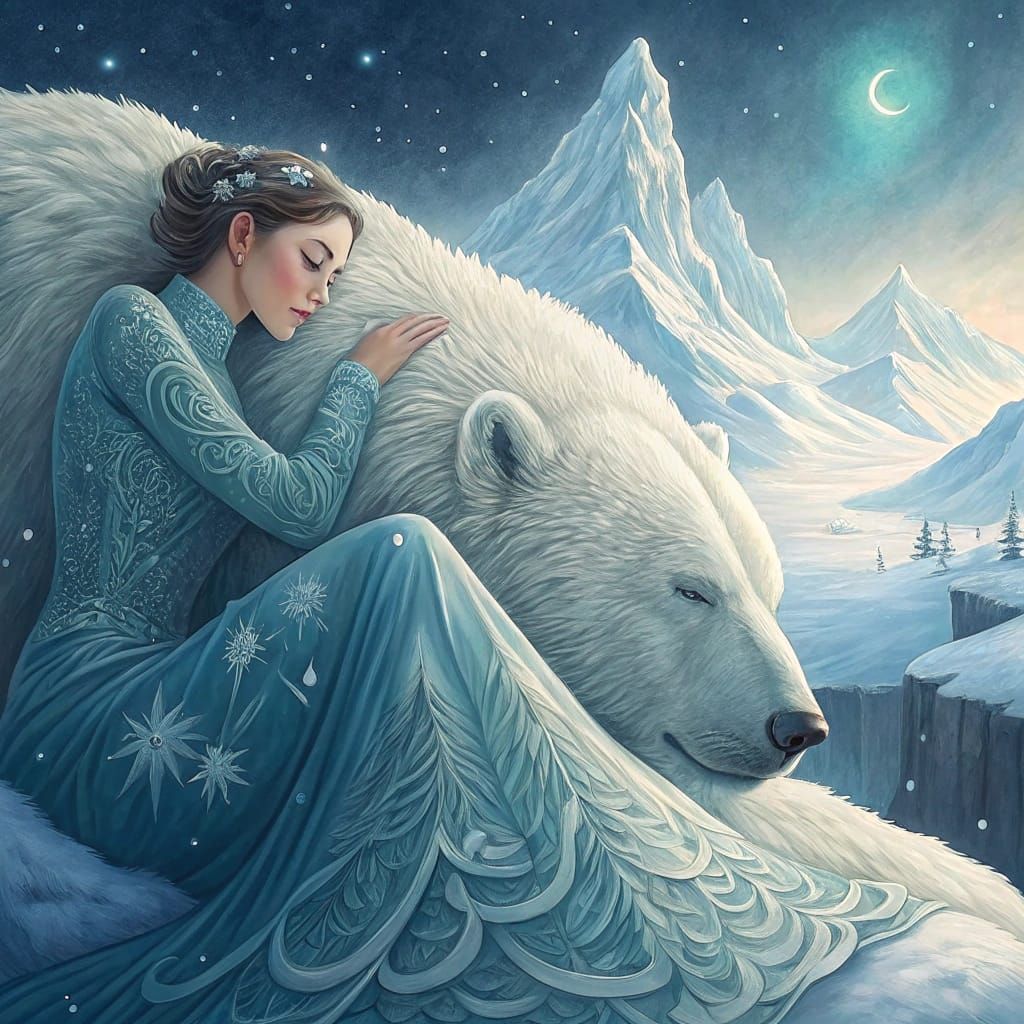 Serene Polar Bear and Woman in Arctic Landscape