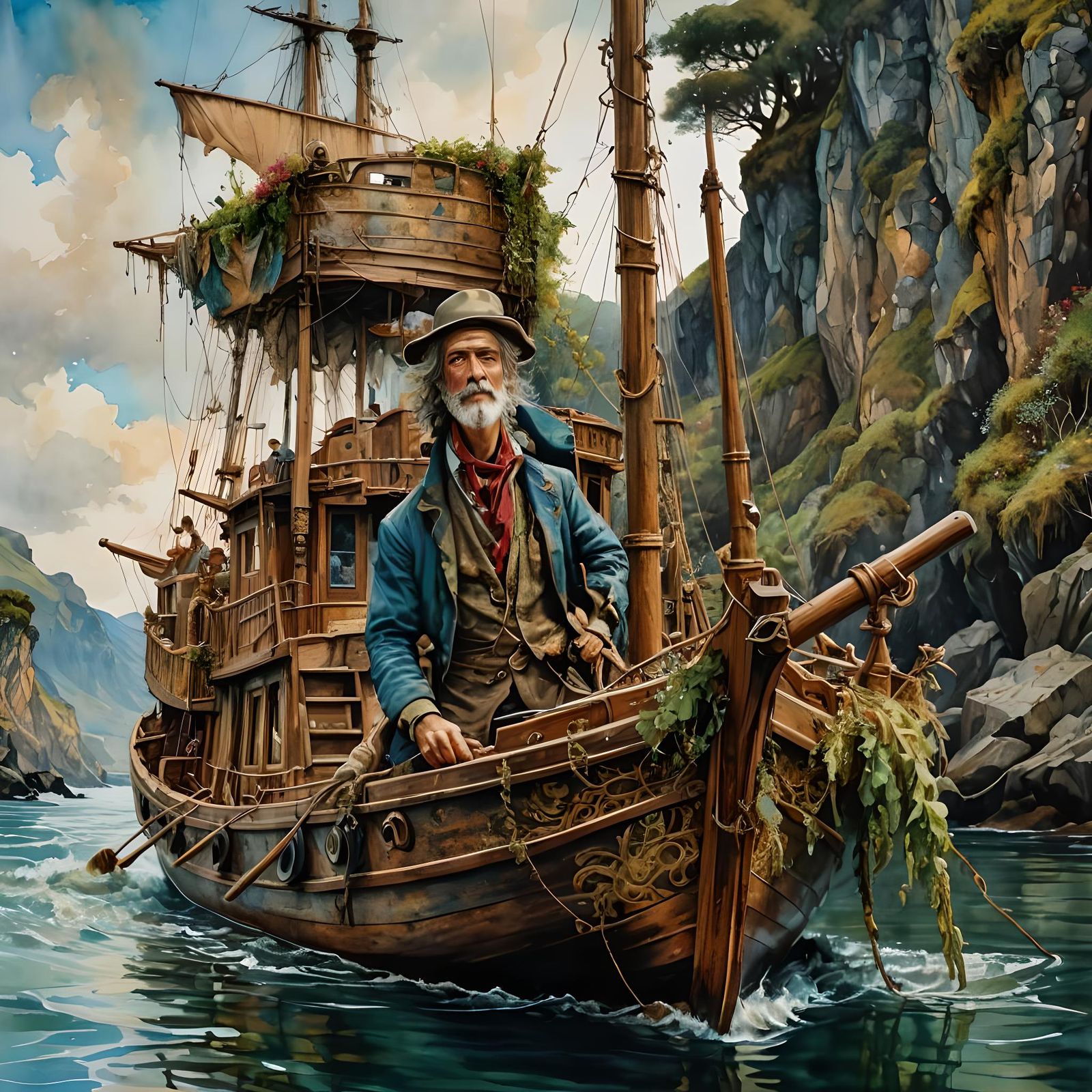 Retro Boat in Ink and Watercolor Style