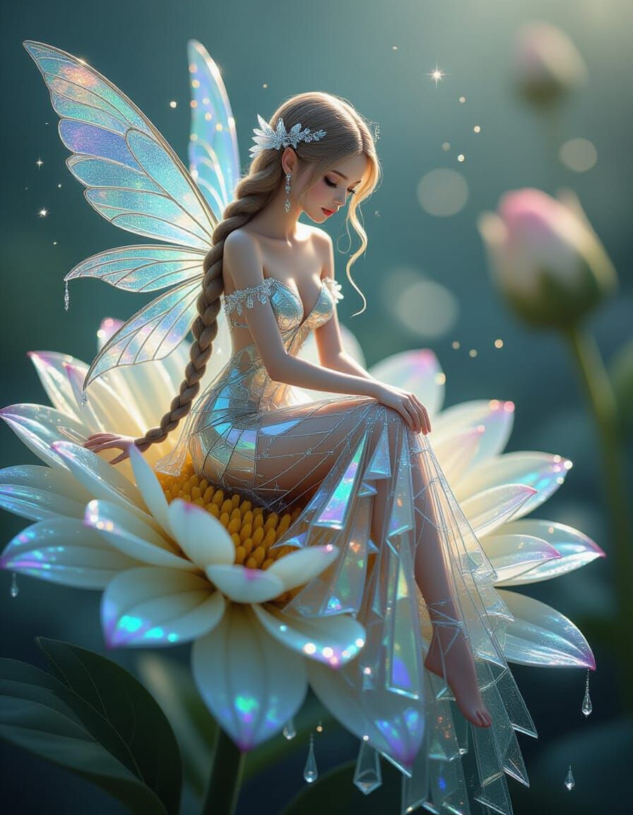 Tiny Fairy in Shard Glass Dress on Bioluminescent Flower
