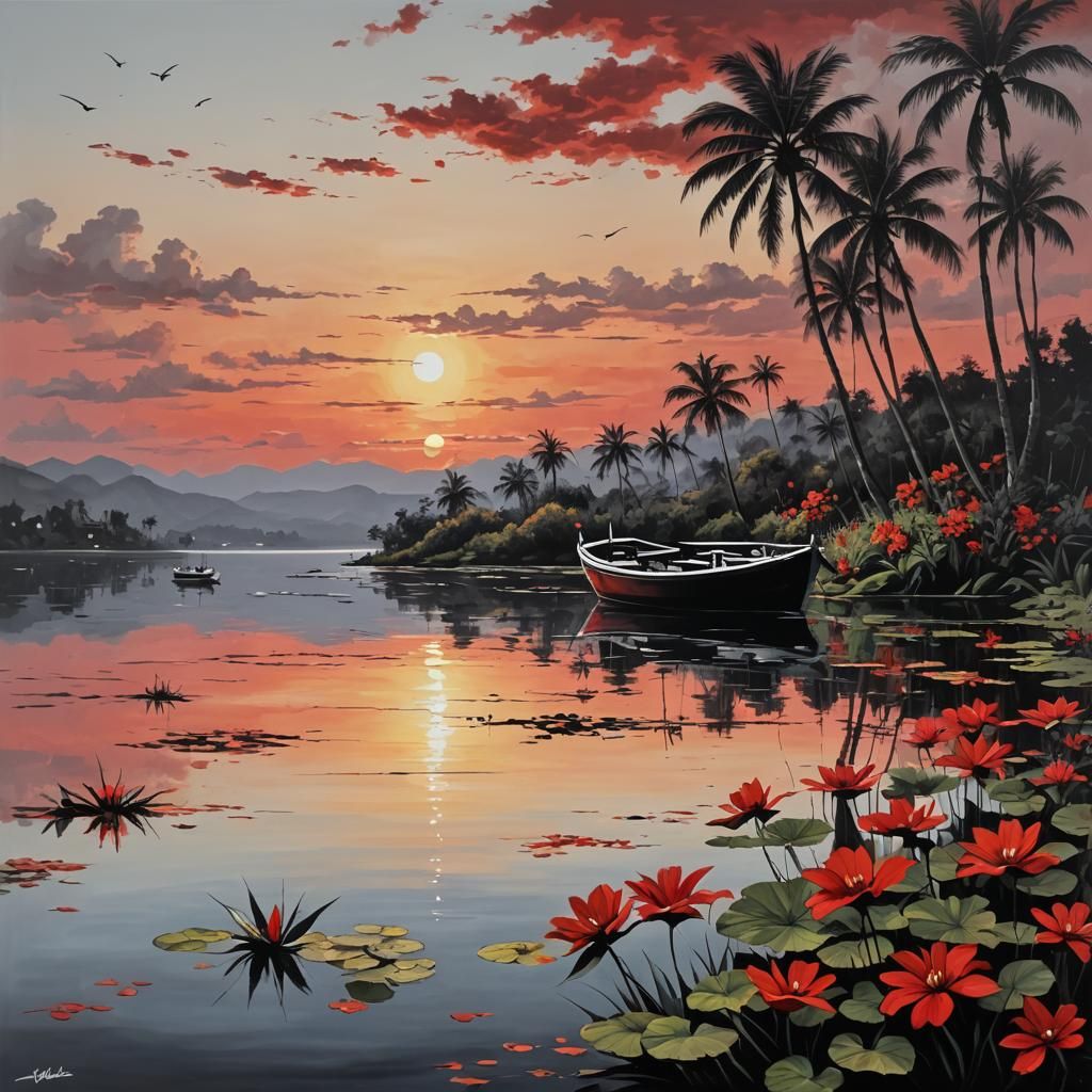 Boat at Sunset: Black, White, and Red Floral Painting