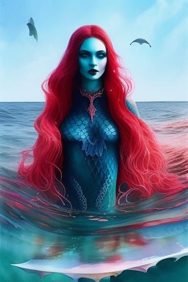 Gothic Mermaid with Red Hair, Detailed Gouache Painting