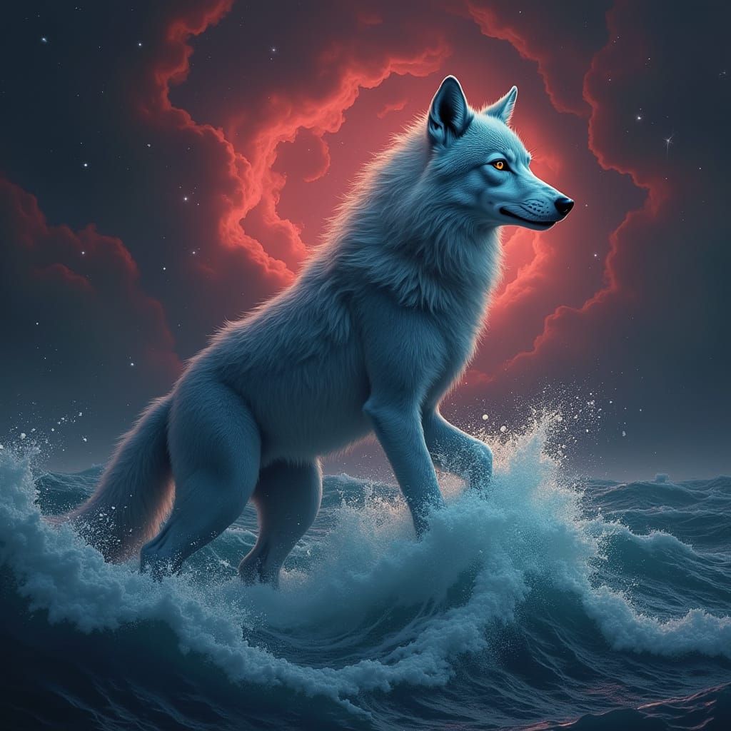 Wolf-Like Sea Creature Ascends Night Sky Amidst Red Storm