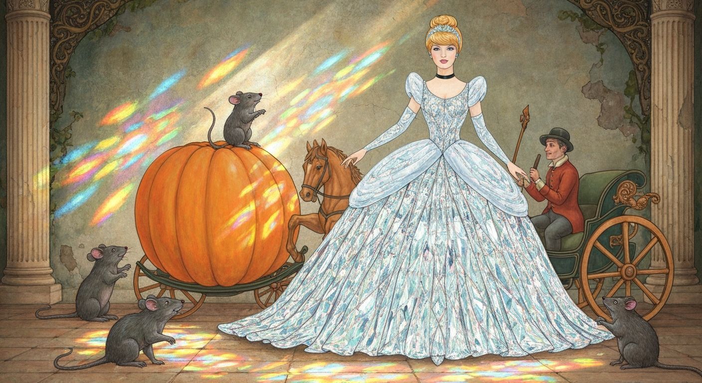 Cinderella in Crystal Gown with Sunlit Pumpkin Coach