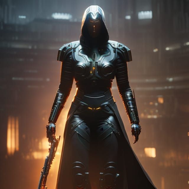 Cyborg Assassin Overlooking Mega-City in Cyberpunk Style