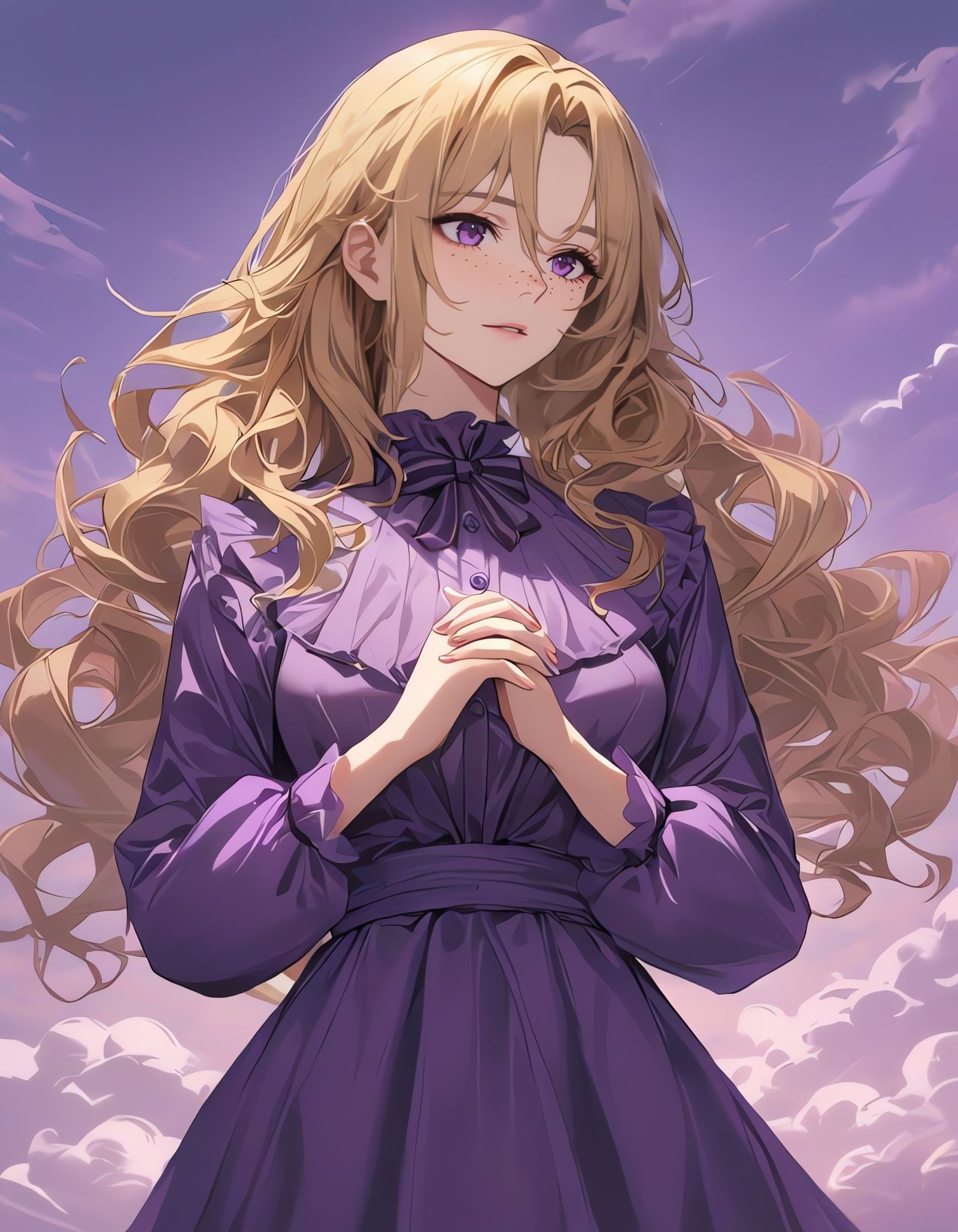 Girl in Purple Skies with Wavy Blonde Hair