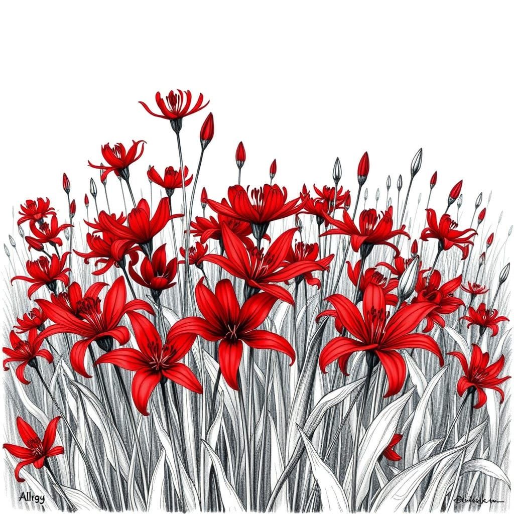 Vibrant Red Spider Lily Field in Hand-Drawn Botanical Style
