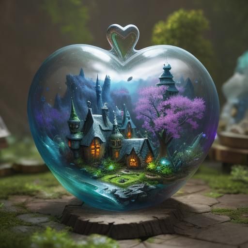 Fairy Village Inside Glass Heart, Detailed Matte Painting