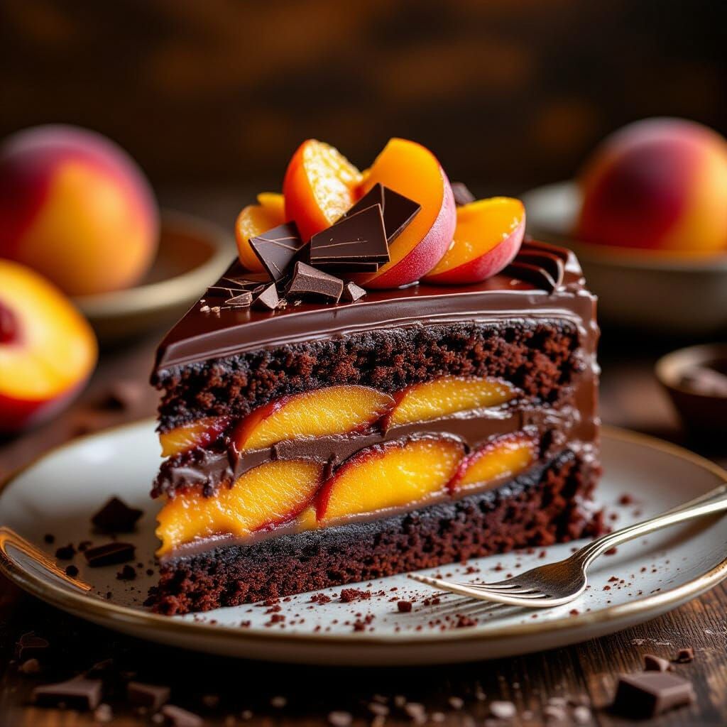 Decadent Chocolate Peach Cake Slice in 8K