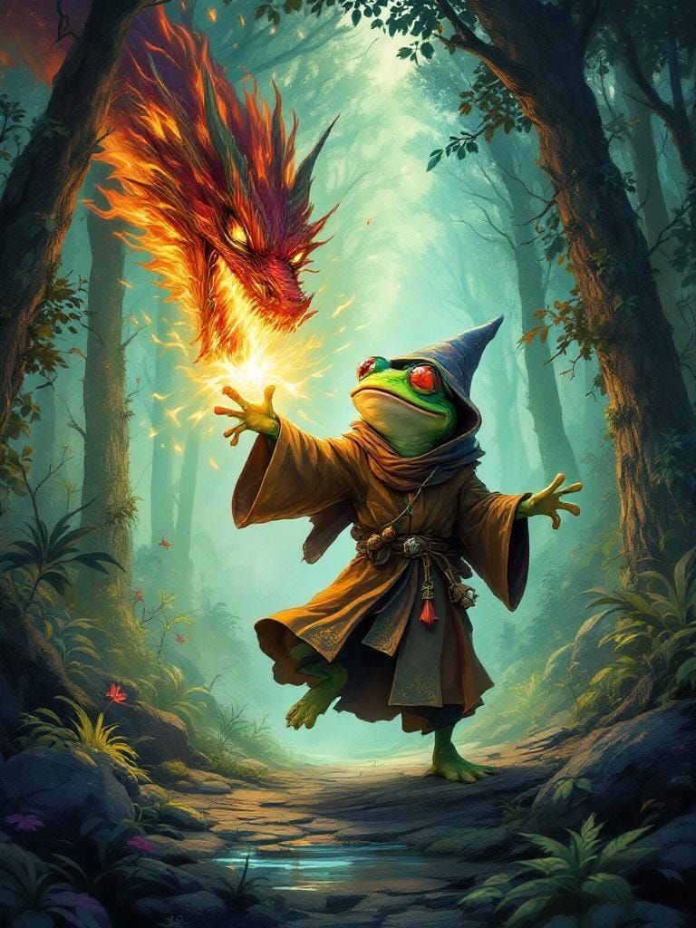 Frog Wizard Fighting Dragon in Dreamlike Forest
