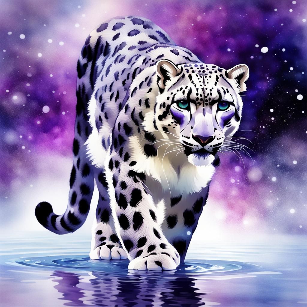 Mystic Snow Leopard Reflection in Watercolor