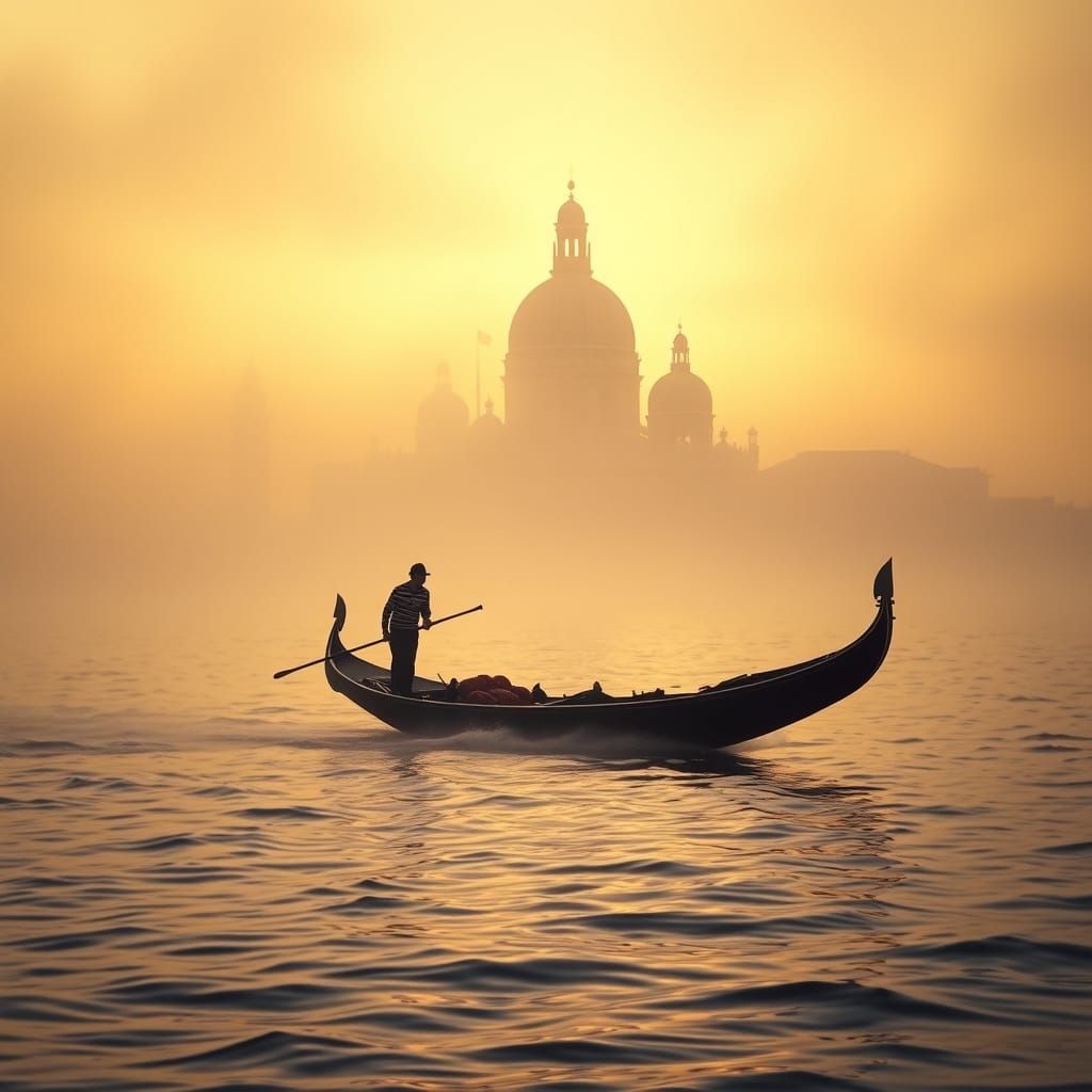Gondola Glides Through Golden Mist: Venice Dreamscape