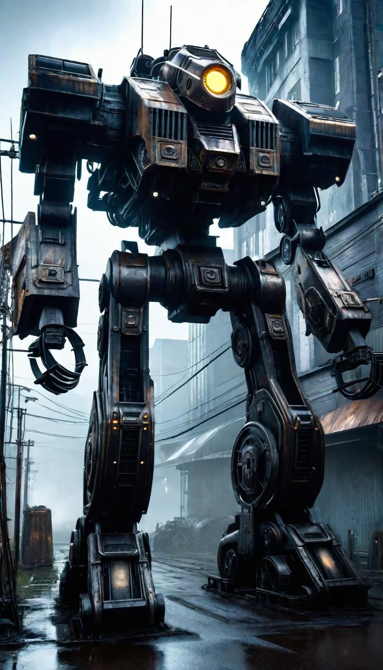 Cyclops Mechwarrior in Post-Apocalyptic Cityscape