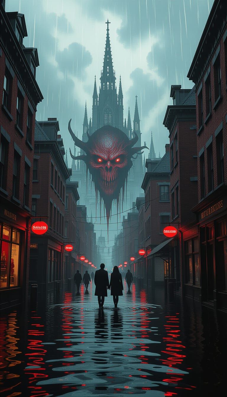 Dark Gothic Cityscape with Blood Rain, Matte Painting Style