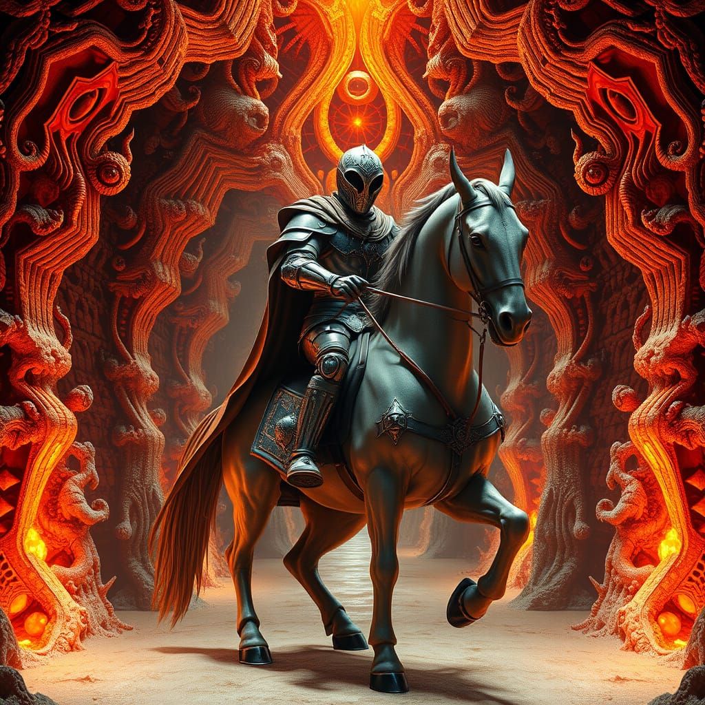 Alien Knight Warmonger Rides Stone Horse in Fractal Hell