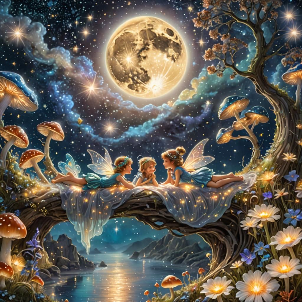 Fairies Sleeping on Bioluminescent Moon in Galaxy