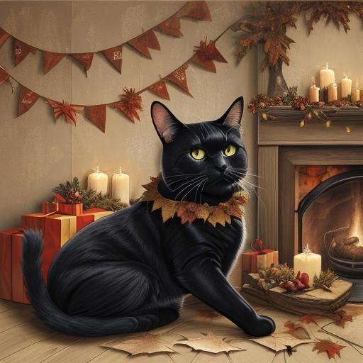 Festive Black Cat as Santa in Autumnal Collage