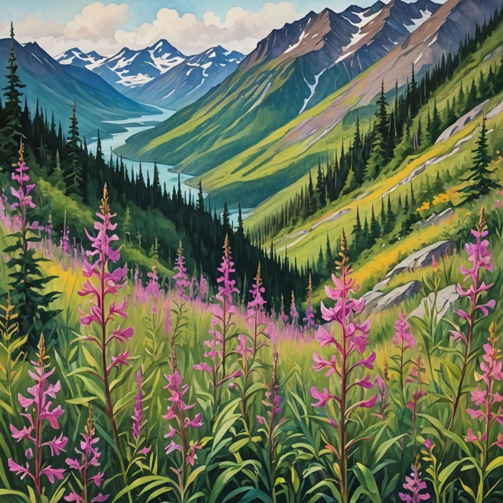 Alaskan Mountainside Fireweed in Impressionist Gouache Style