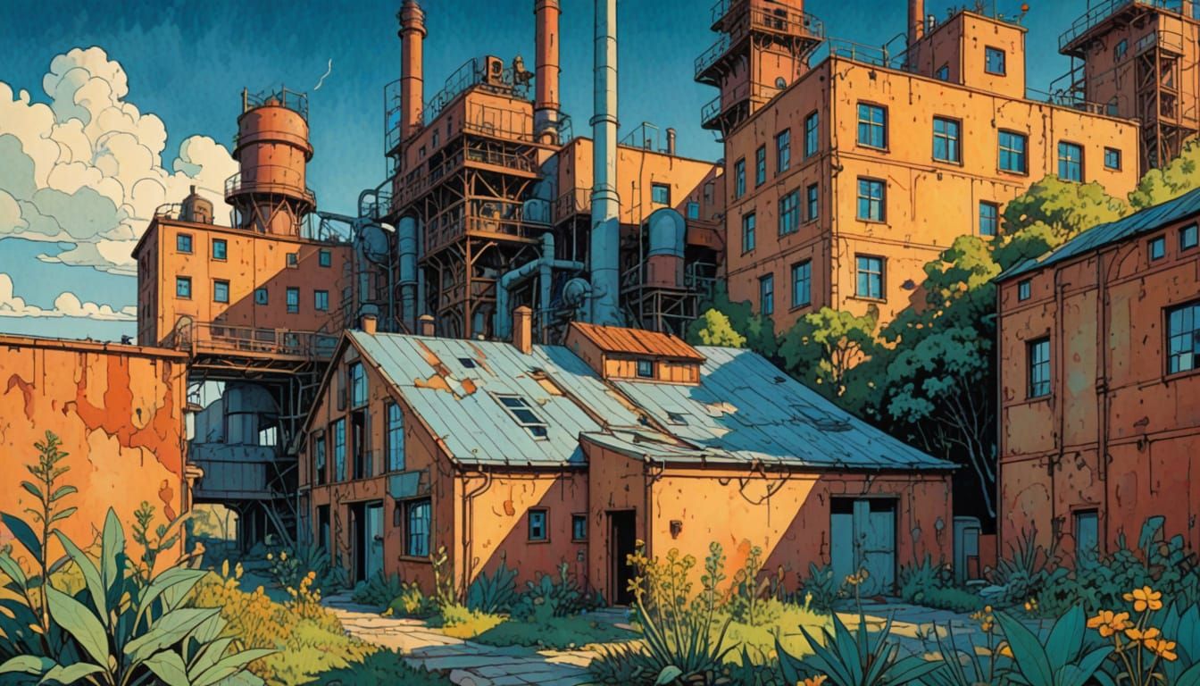 Abandoned Factory with Exotic Plants in Retro Comic Style