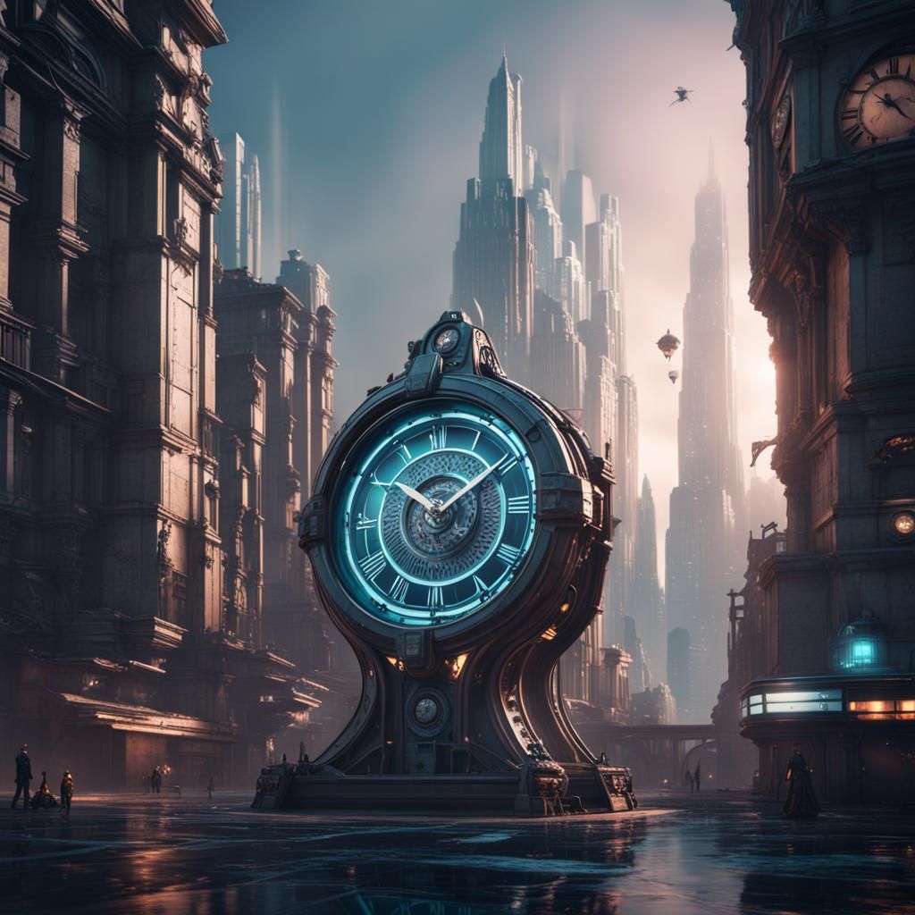 Futuristic Clock in Cyberpunk City, Digital Art