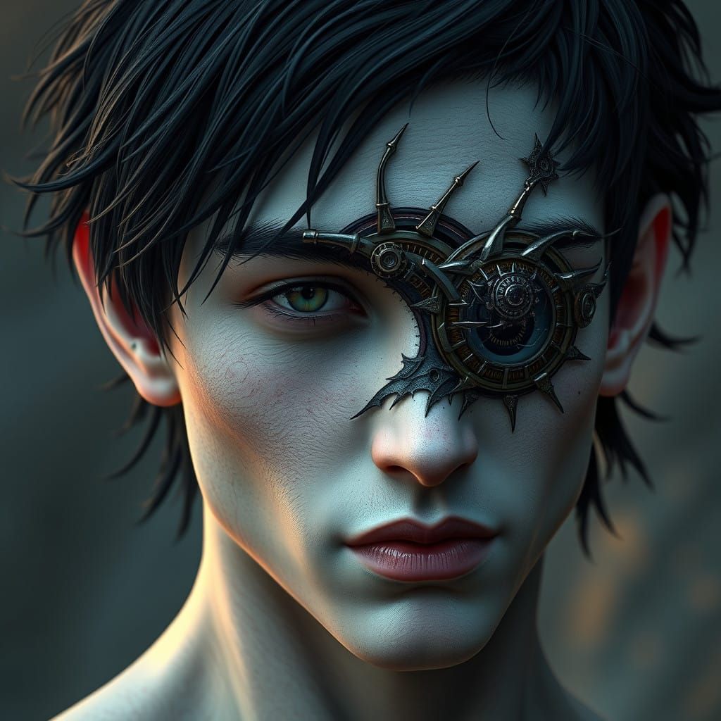 Young Man with Mechanical Eye in Vivid Fantasy Landscape