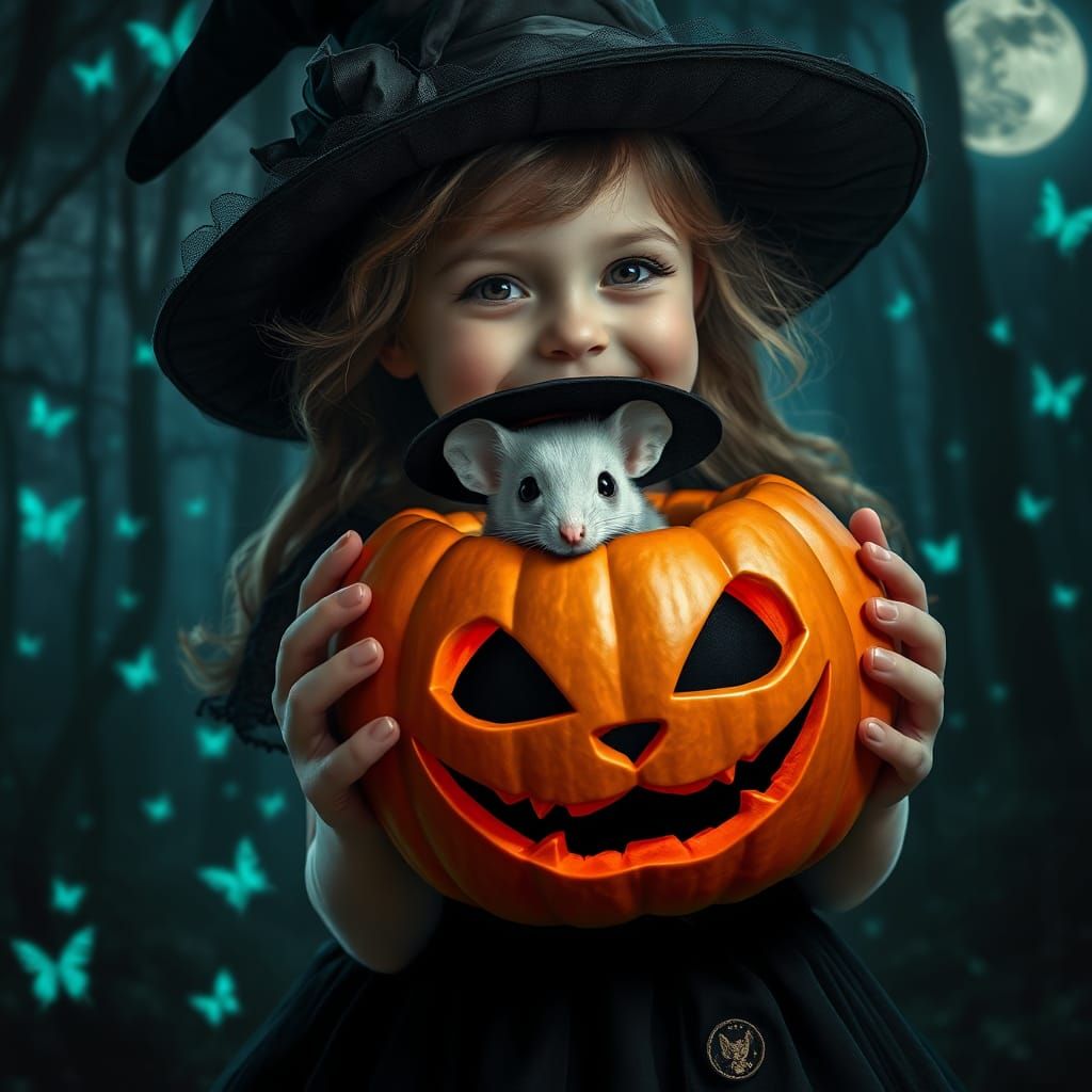 Girl Witch with Cat Pumpkin and Mouse, Photorealistic