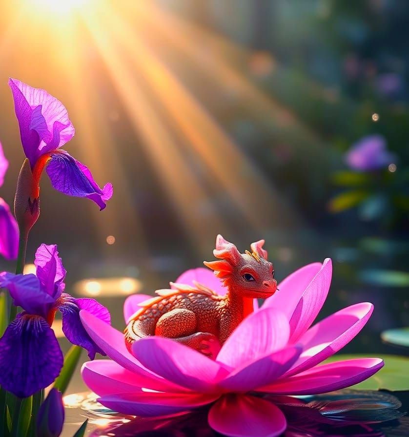 Purple Irises, Dragon, and Mist: Fantasy Concept Art