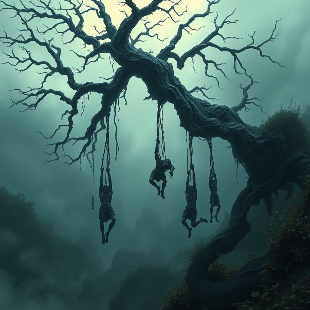 Macabre Hanging Tree in a Mist-Shrouded Landscape