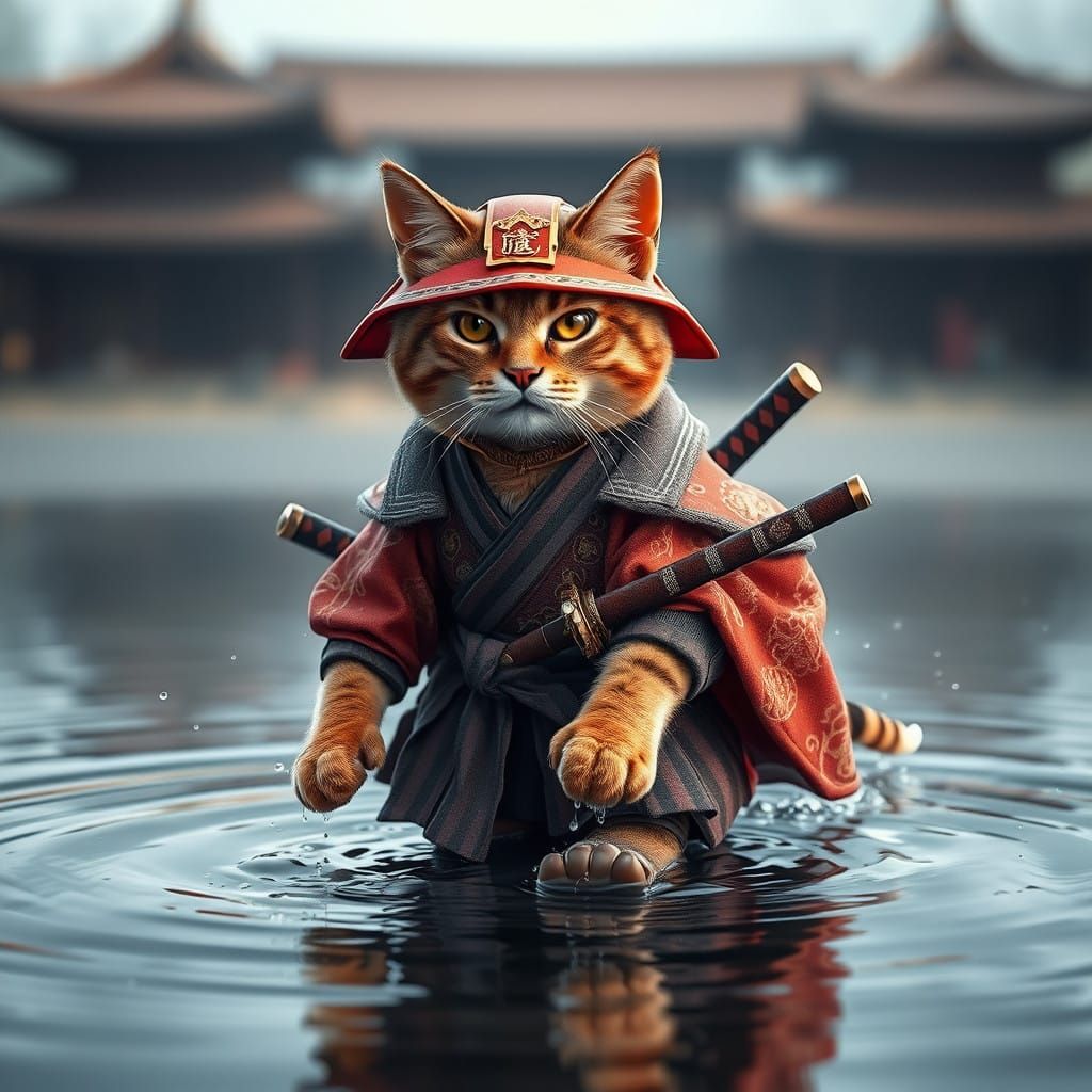 Regal Tabby Cat Warrior in Traditional Japanese Attire