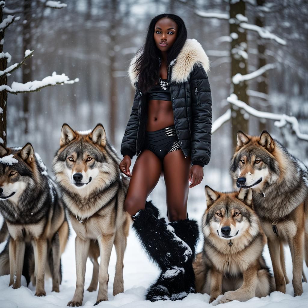 Model with Wolves in Snow: A Surreal Image