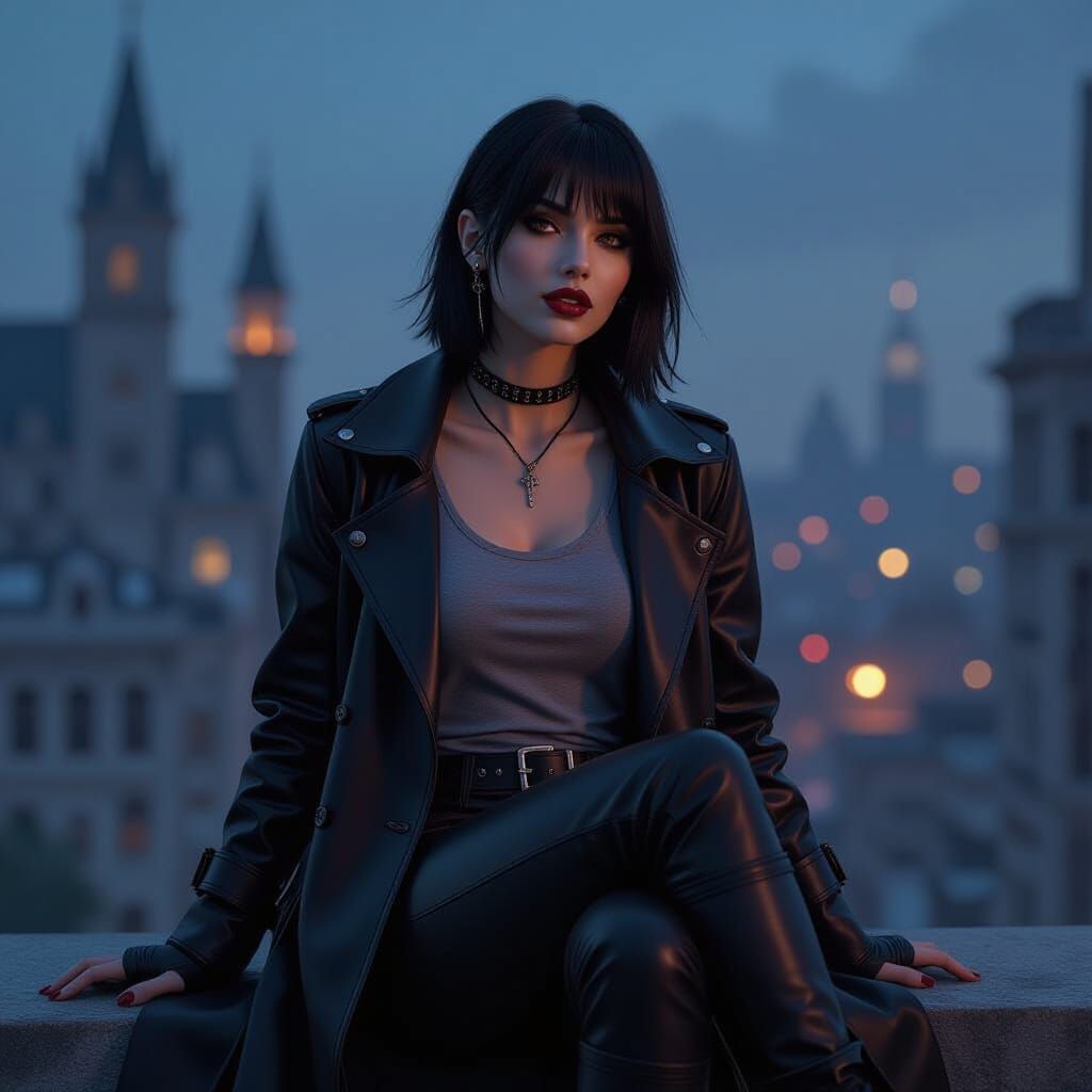 Vampire Woman Sitting on Wall, Dreamy Night Scene