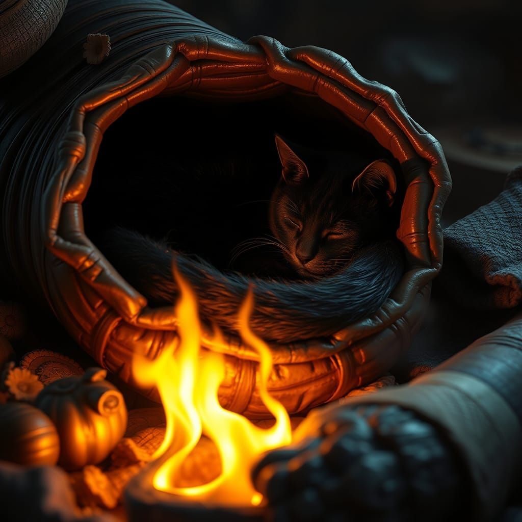 Black Cat Nap in Cornucopia by Firelight