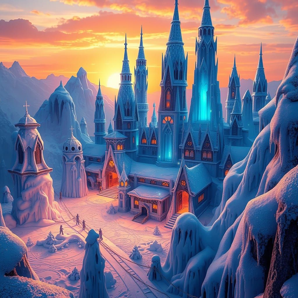 Frozen Tundra Village in Vibrant Sunset Hues