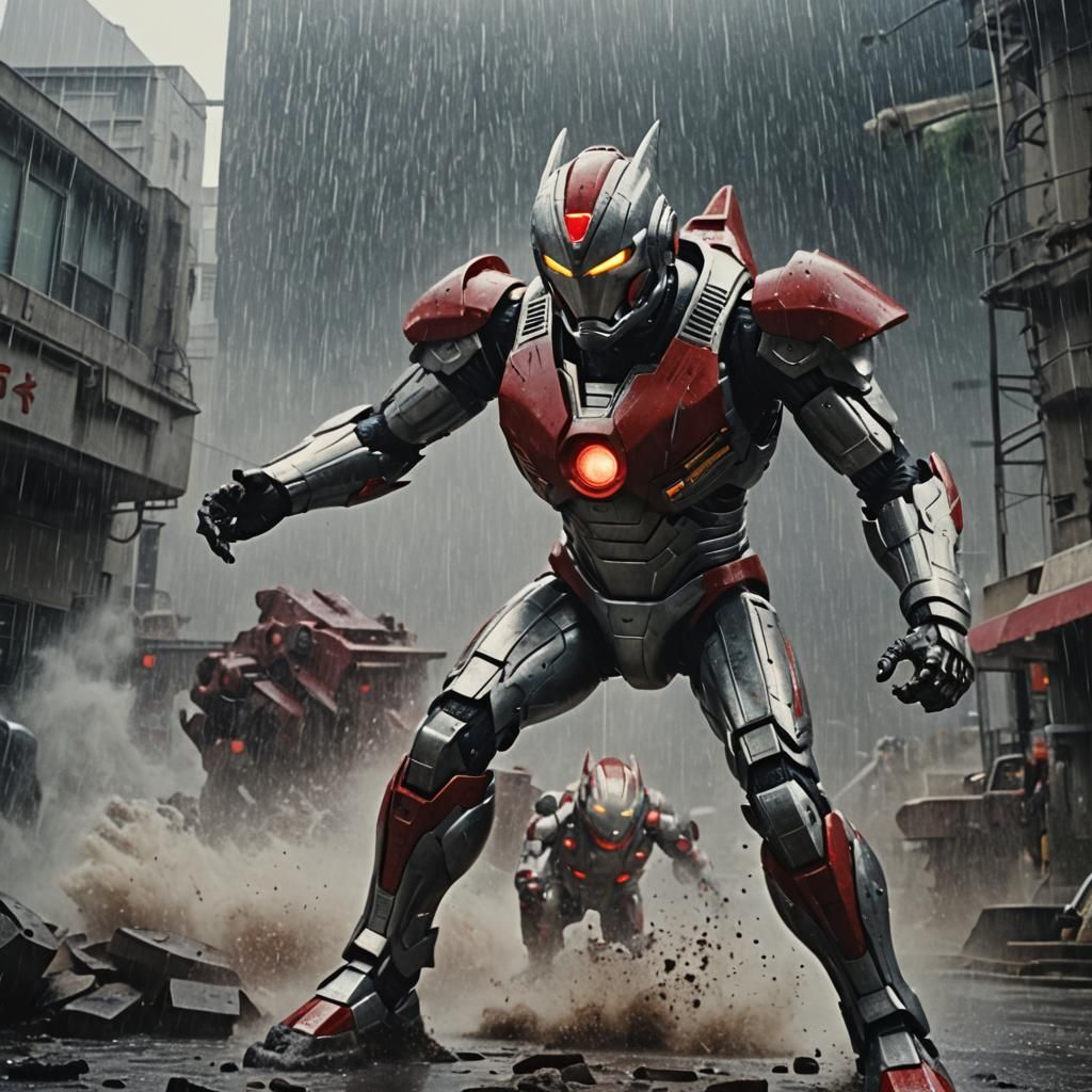 Ultraman Blasting Red Rays on Mechanical Monster