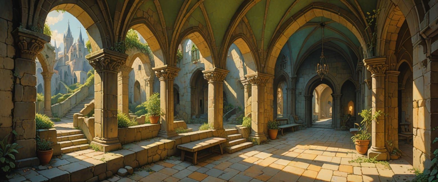 Bright Abandoned Passageway with Treasure in Watercolor Styl...