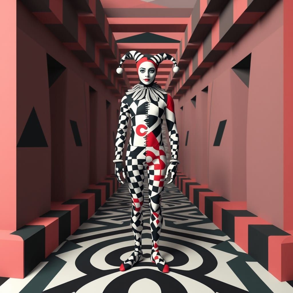 Harlequin in Hypnotic Maze of Geometric Optical Illusion