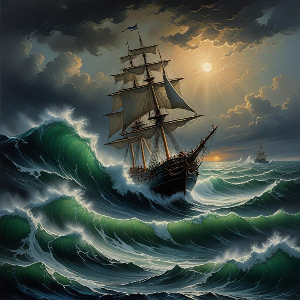 Clipper Ship Battles Kraken in Stormy Seas Oil Painting