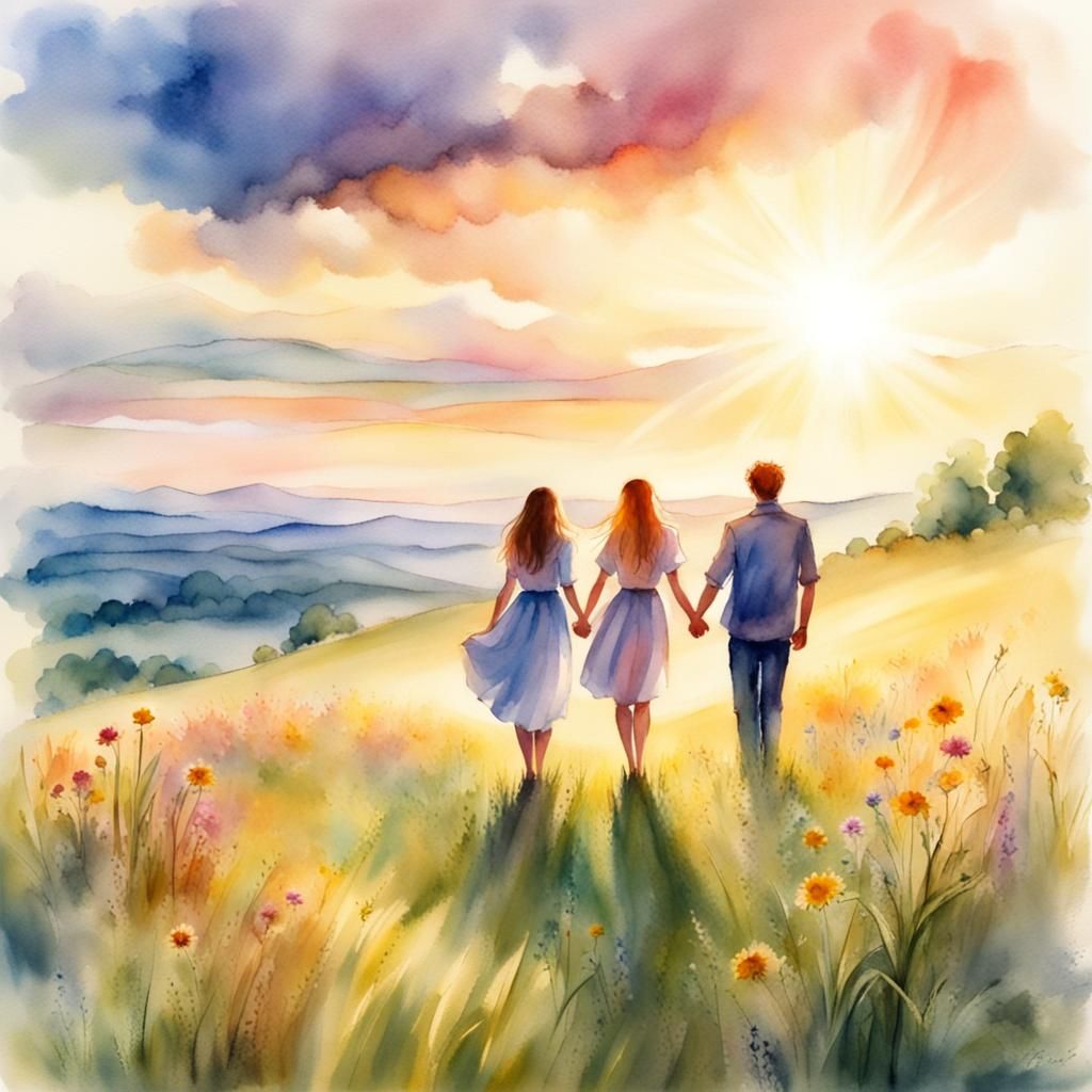 Lovers Picnic at Sunset in Watercolor Style