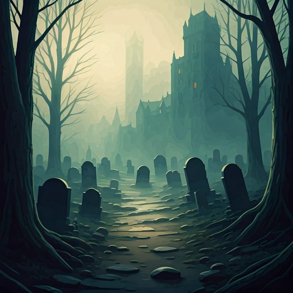 Ethereal Graveyard Scene with Ancient Castle in Fog