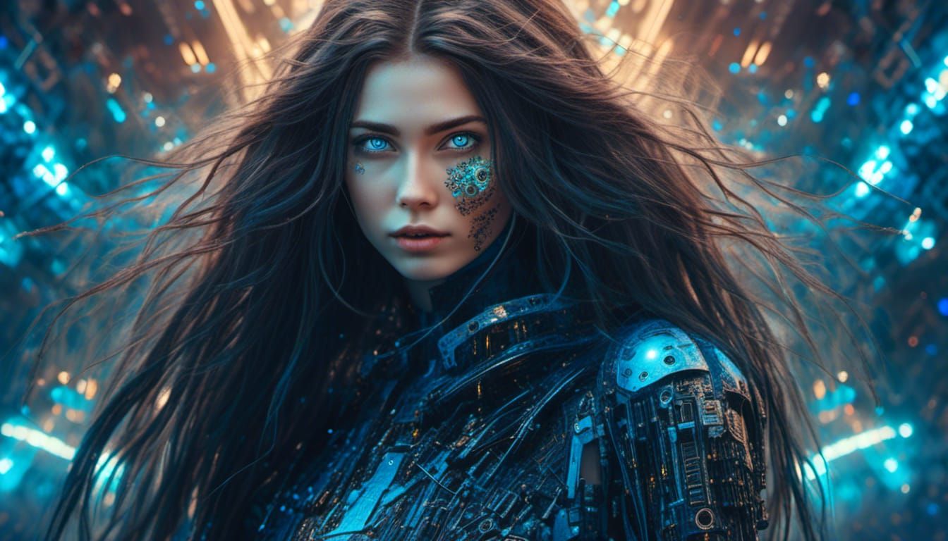 Cosmic Cyberpunk Hacker Girl with Dark Hair