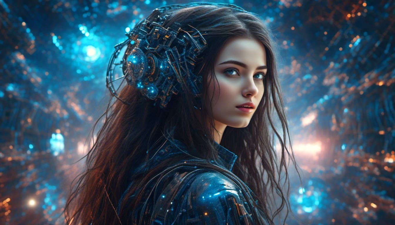 Cosmic Cyberpunk Hacker Girl with Expressive Style