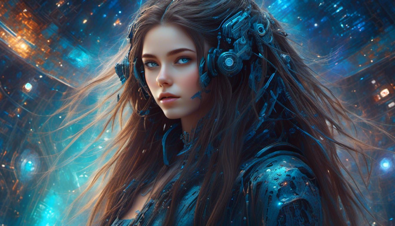 Cosmic Cyberpunk Hacker Girl with Expressive Features