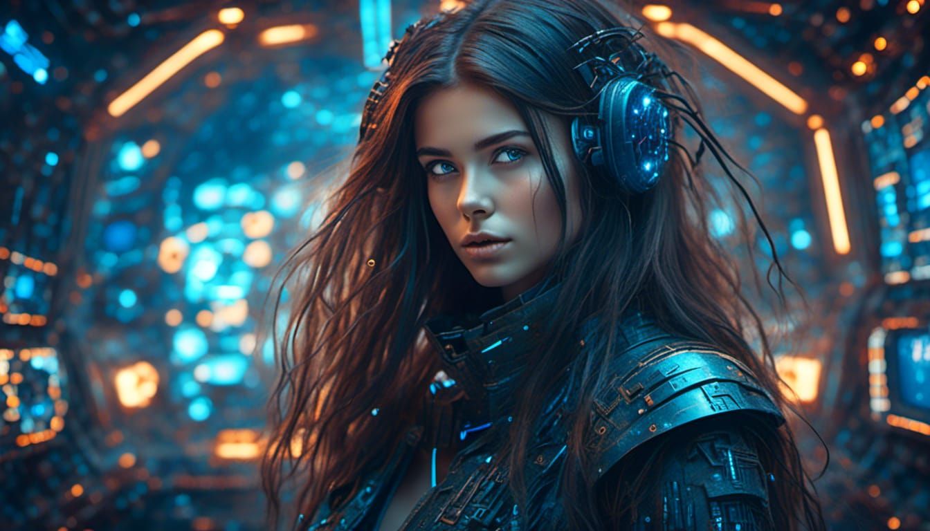 Mysterious Cyberpunk Hacker Girl in Cosmic Landscape