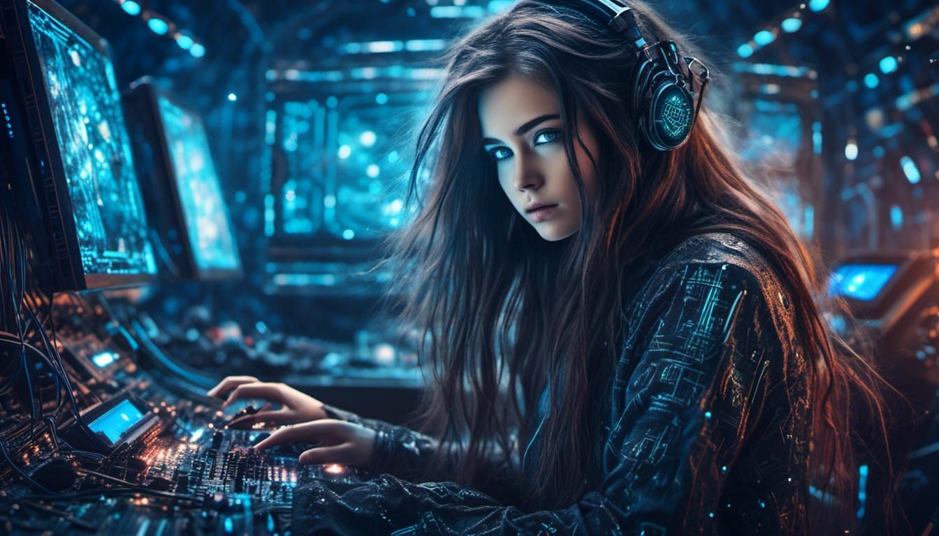 Enchanting Cyberpunk Hacker Girl in Cosmic Scape